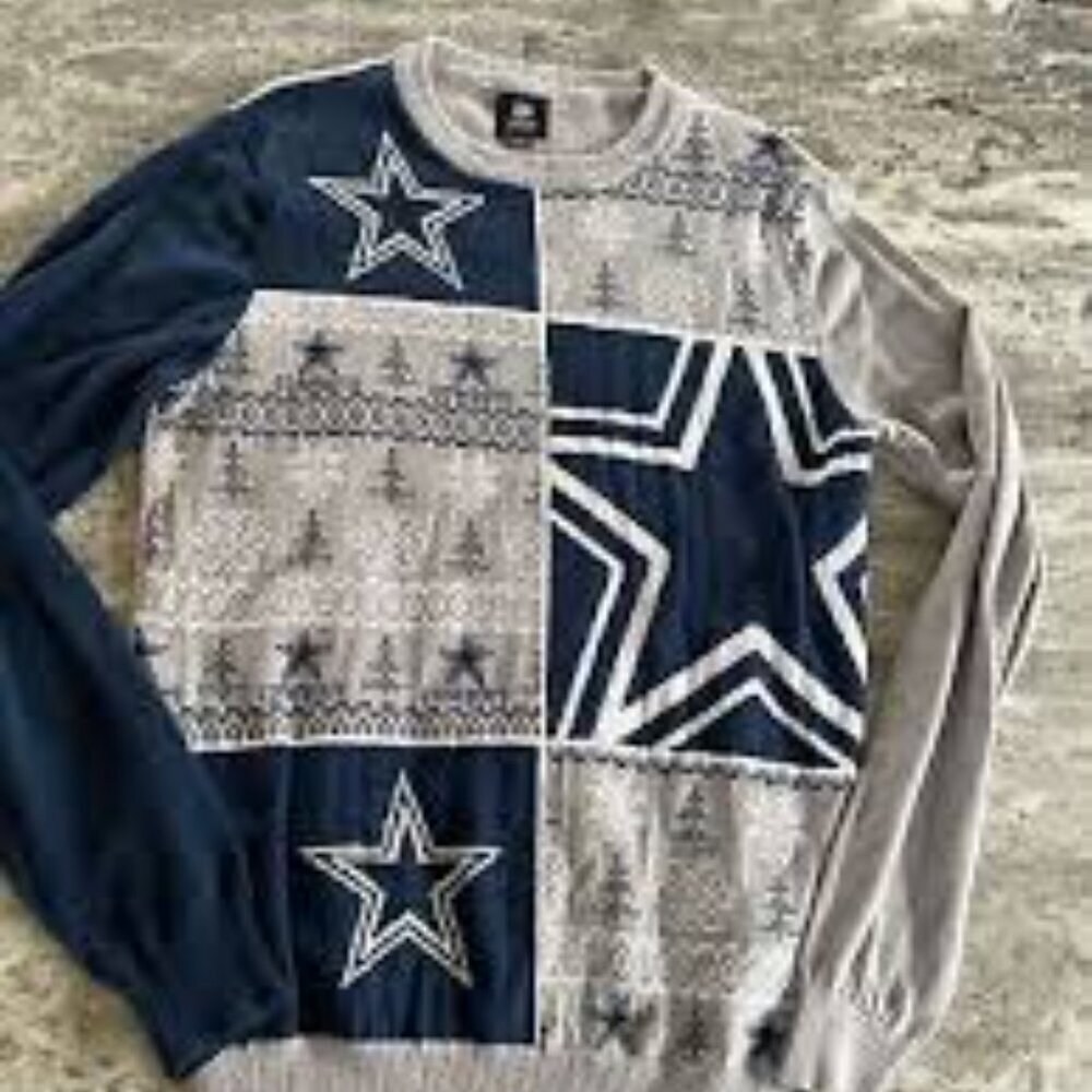 NWT $75 NFL DALLAS COWBOYS Men's Blue and Gray Star Pattern Crewneck Sweater - Picture 3 of 3
